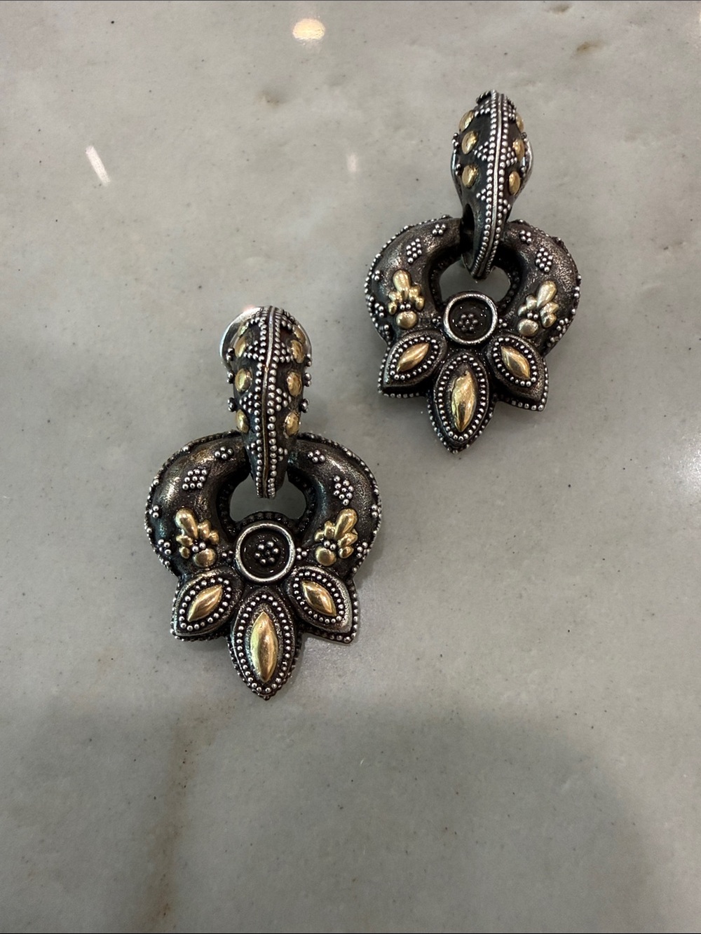 John Hardy Sterling & 18 K Gold Ornate Pierced  Drop Earrings